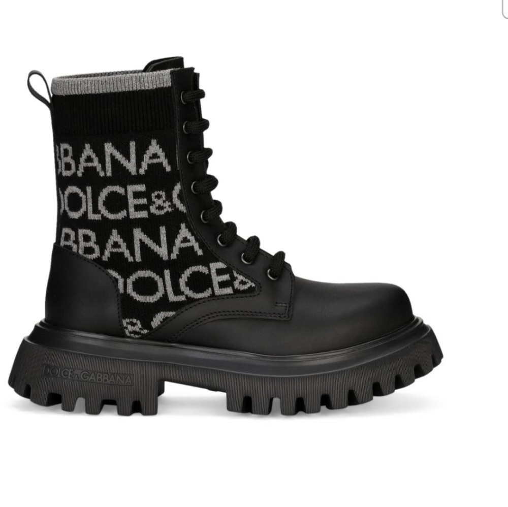 Dolce & Gabbana Black and Gray Knit Logo Combat Boots